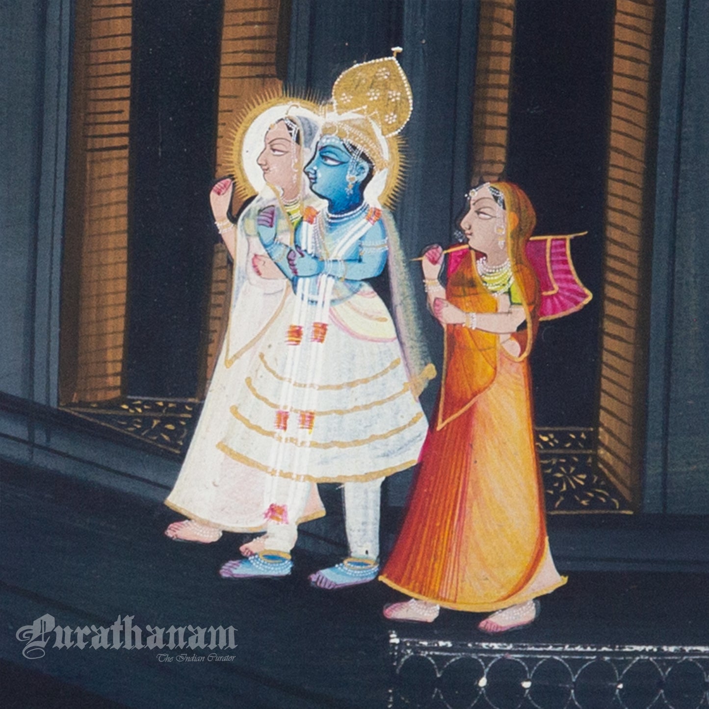 Radha Krishna - Madhura Chandni (Sweet Moonlight) watercolor Painting by Khubiram Gopilal