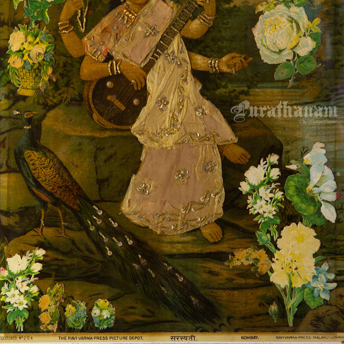 Saraswati by Ravi Varma - Oleograph Print - Enbellished