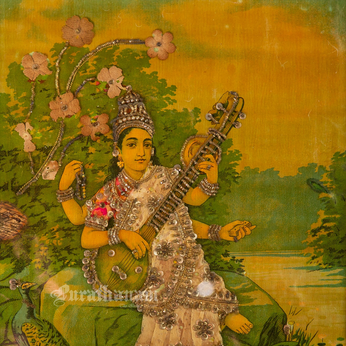 Saraswati by Ravi Varma - Oleograph Print (Embellished)
