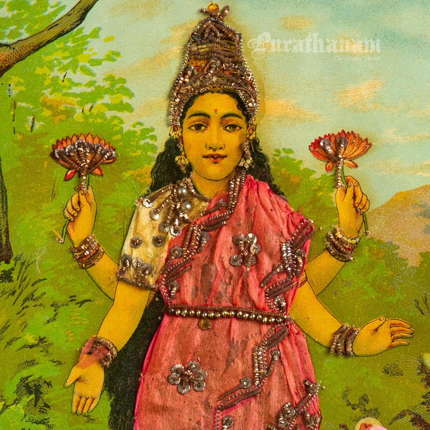 Lakshmi - Oleograph Print (Ravi Varma) - Enbellished