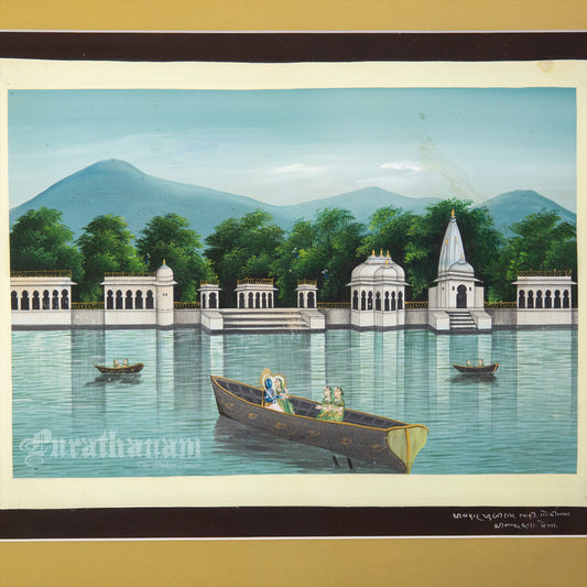 Radha Krishna  - Nauka Vihar (Boat ride) watercolor Painting by Khubiram Gopilal