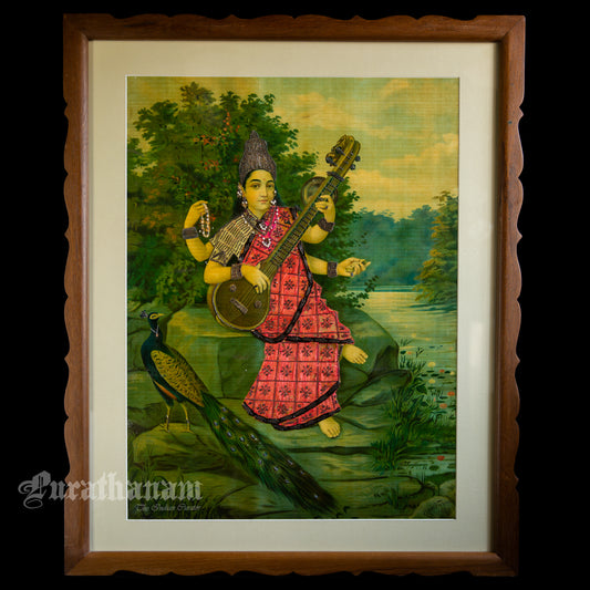 Saraswati - Oleograph Print (Ravi Varma) - Enbellished