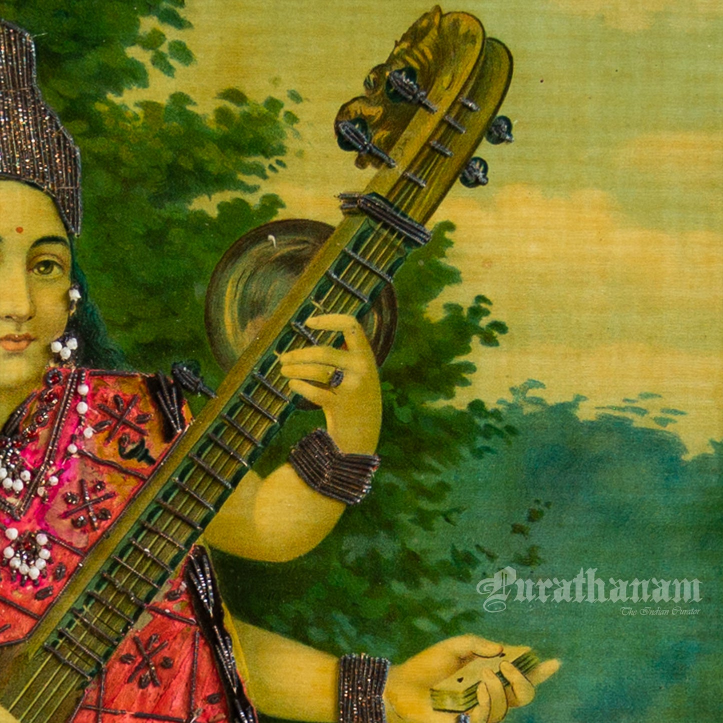 Saraswati - Oleograph Print (Ravi Varma) - Enbellished