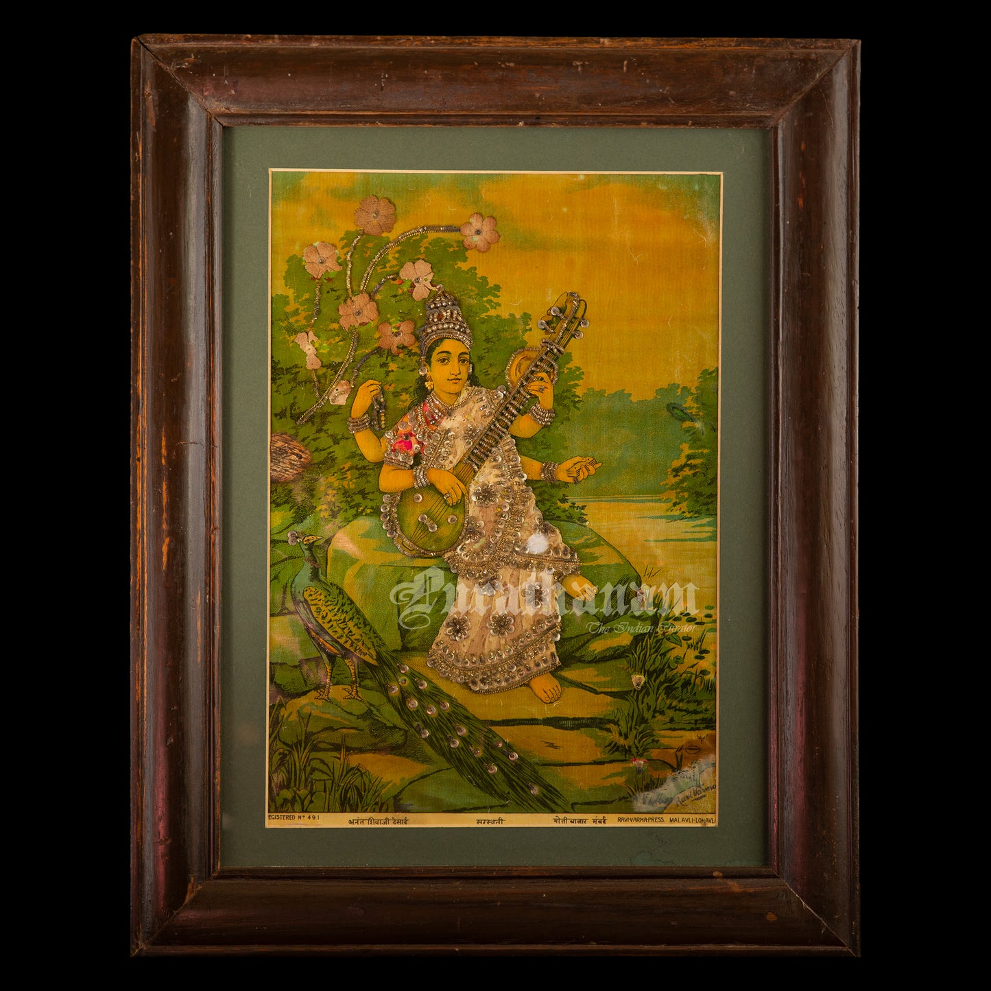 Saraswati by Ravi Varma - Oleograph Print (Embellished)