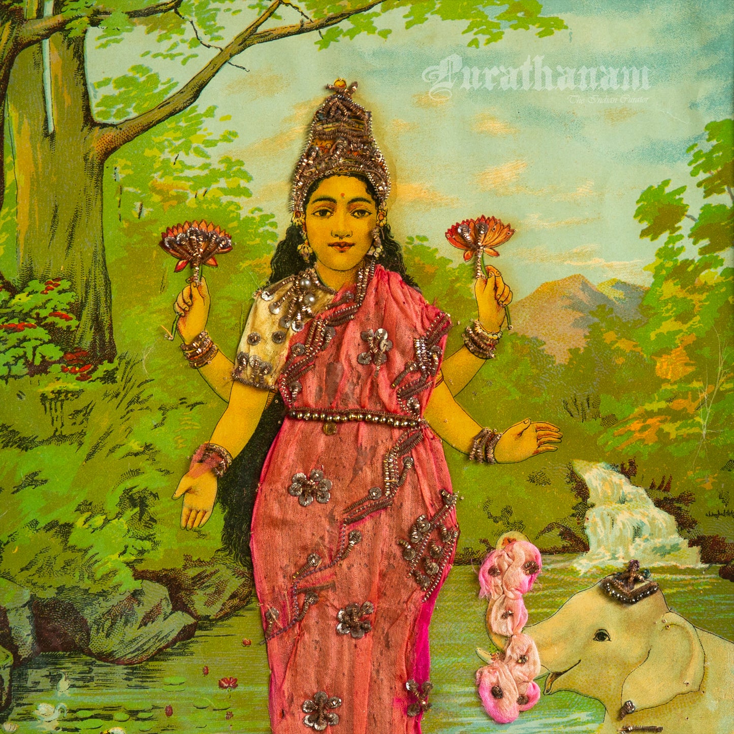 Lakshmi - Oleograph Print (Ravi Varma) - Enbellished