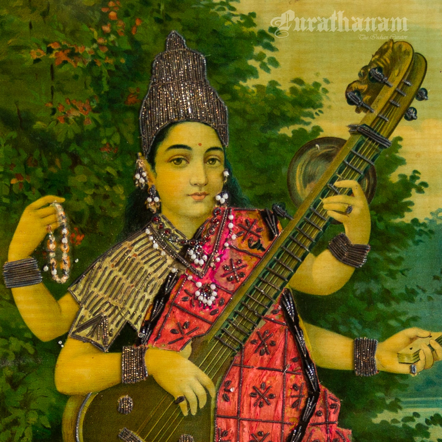 Saraswati - Oleograph Print (Ravi Varma) - Enbellished