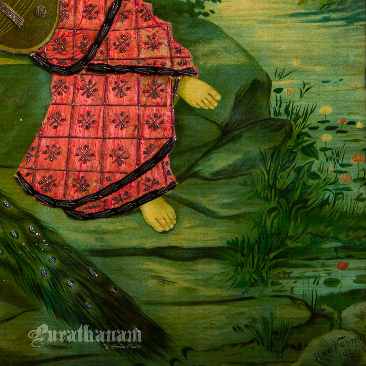 Saraswati - Oleograph Print (Ravi Varma) - Enbellished