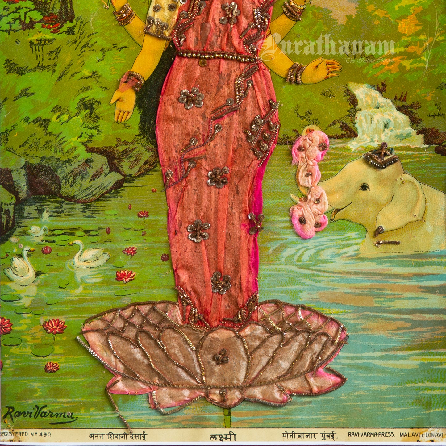 Lakshmi - Oleograph Print (Ravi Varma) - Enbellished