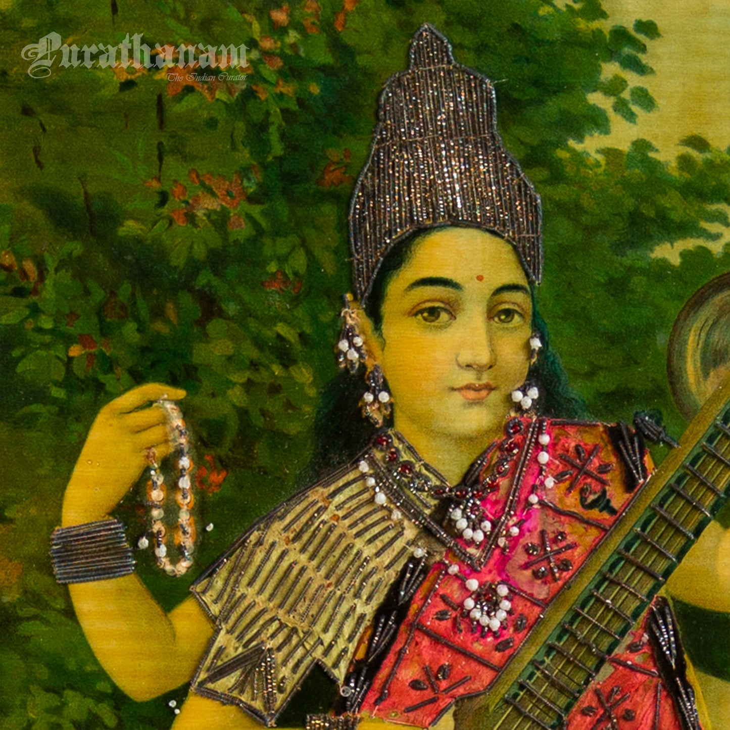 Saraswati - Oleograph Print (Ravi Varma) - Enbellished