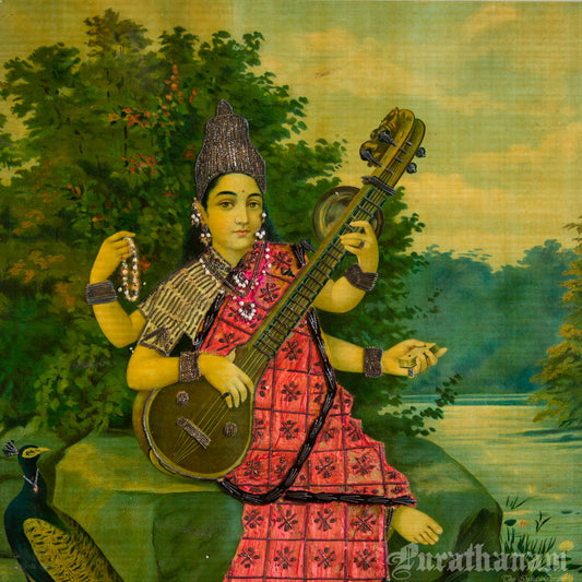 Saraswati - Oleograph Print (Ravi Varma) - Enbellished