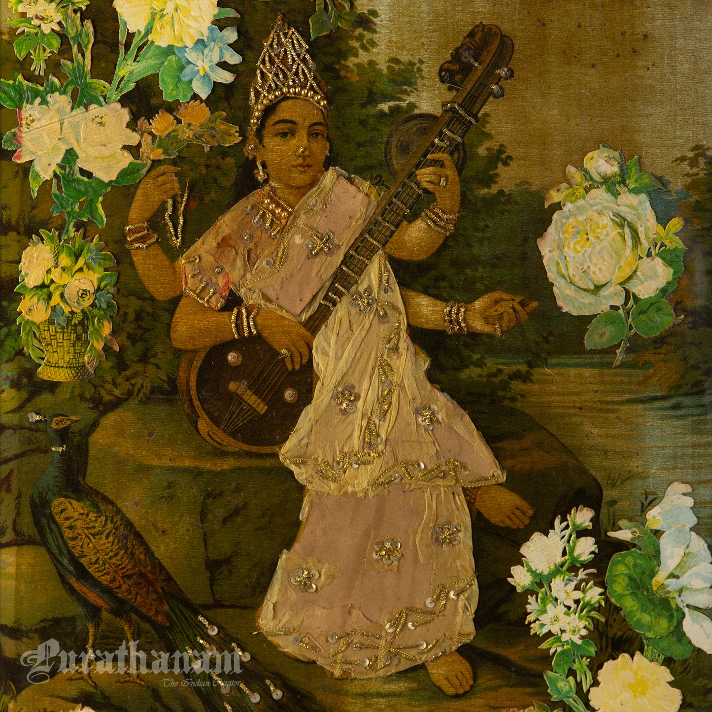 Saraswati by Ravi Varma - Oleograph Print - Enbellished