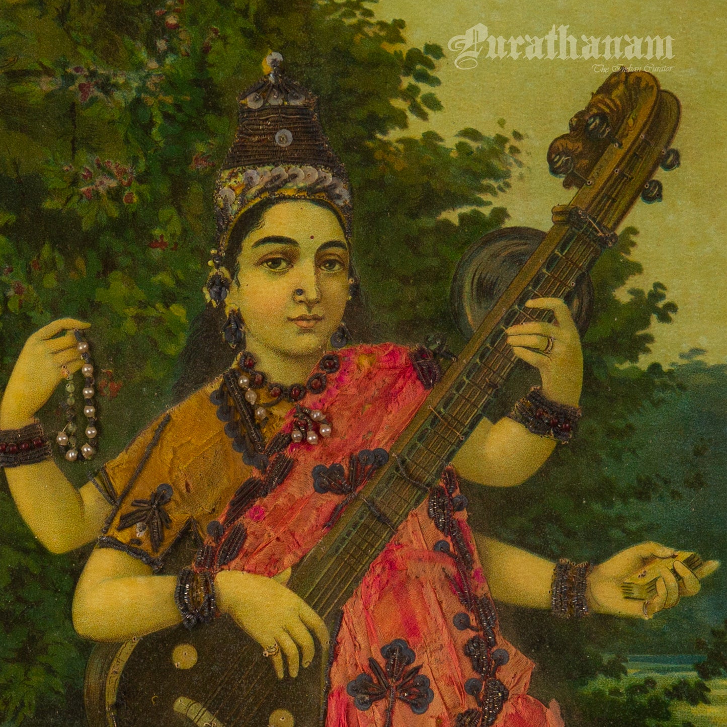 Saraswati by Ravi Varma - Oleograph Print - Enbellished