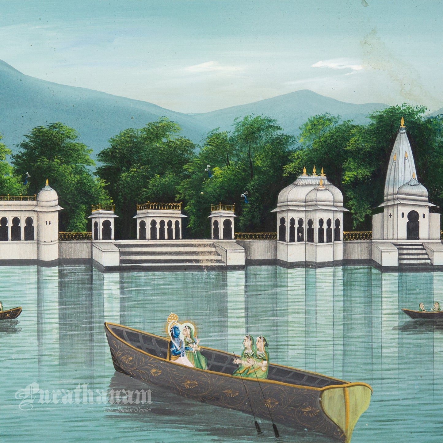 Radha Krishna - Nauka Vihar (Boat ride) watercolor Painting by Khubiram Gopilal