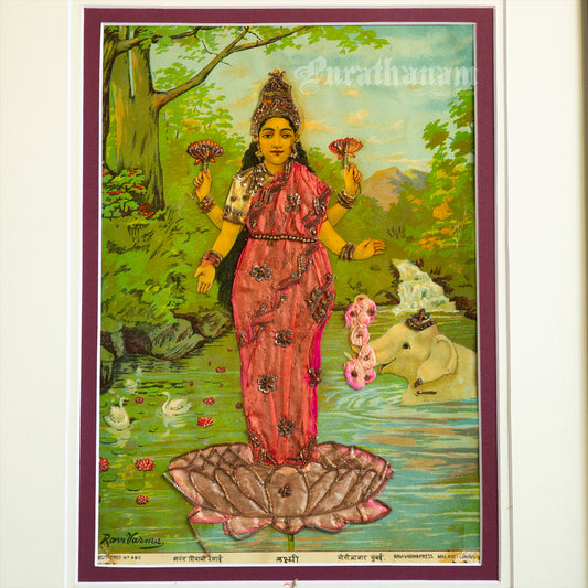 Lakshmi - Oleograph Print (Ravi Varma) - Enbellished