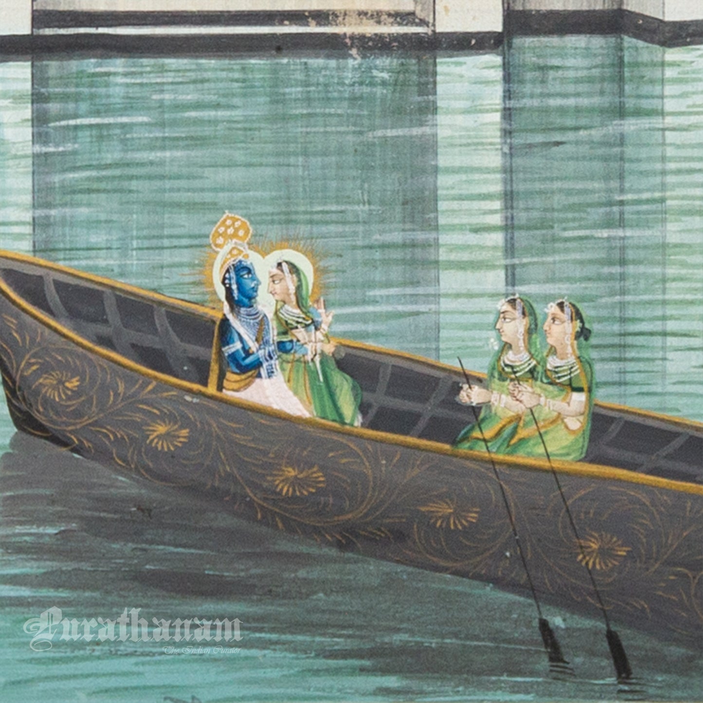 Radha Krishna - Nauka Vihar (Boat ride) watercolor Painting by Khubiram Gopilal