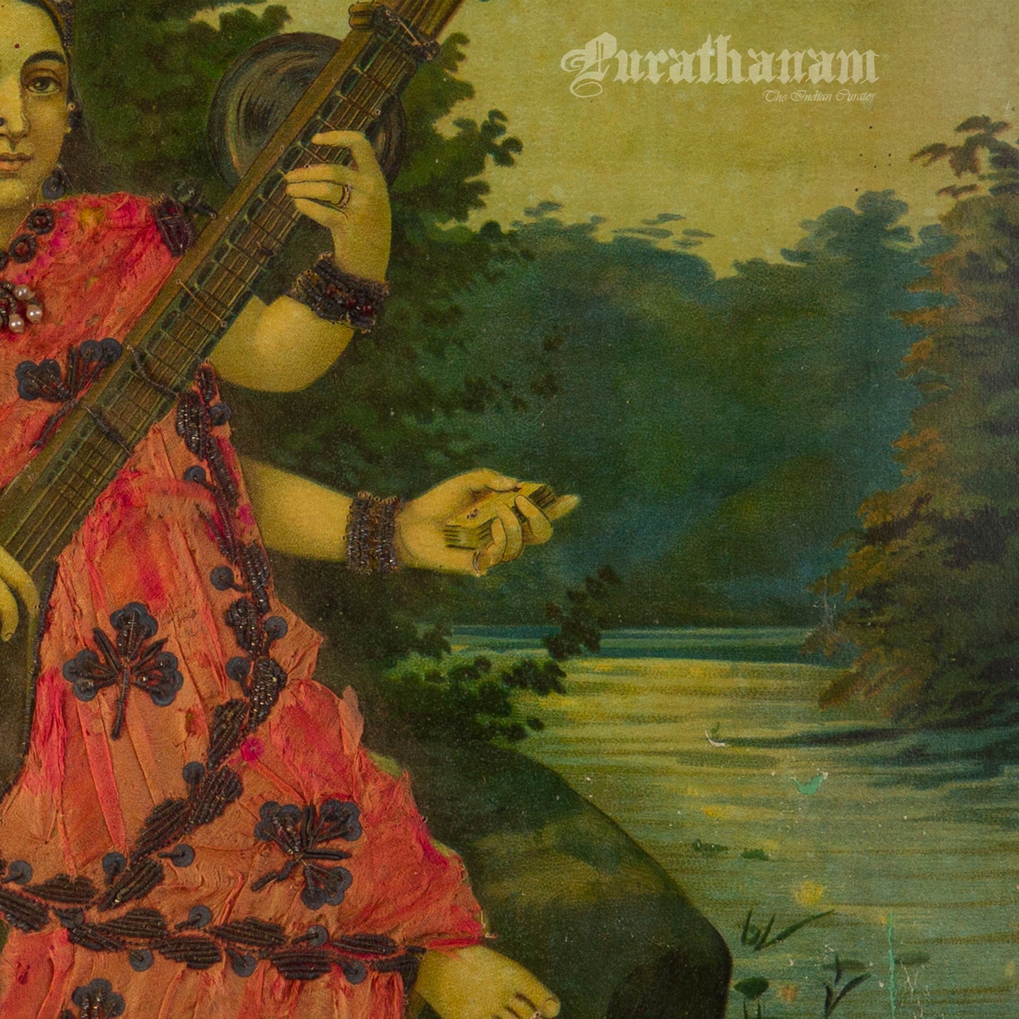 Saraswati by Ravi Varma - Oleograph Print - Enbellished