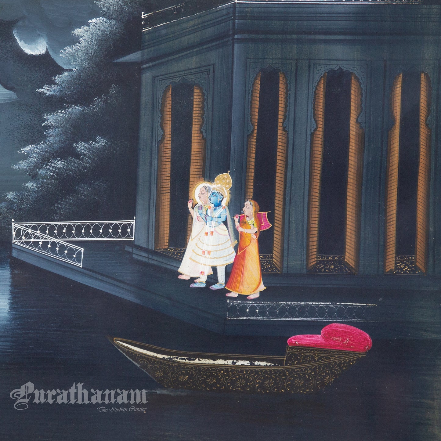 Radha Krishna - Madhura Chandni (Sweet Moonlight) watercolor Painting by Khubiram Gopilal