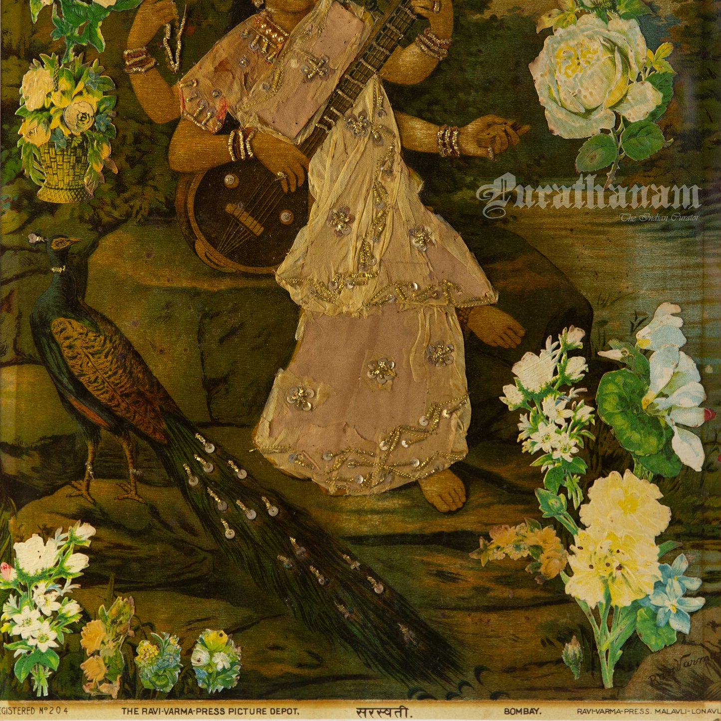 Saraswati by Ravi Varma - Oleograph Print - Enbellished