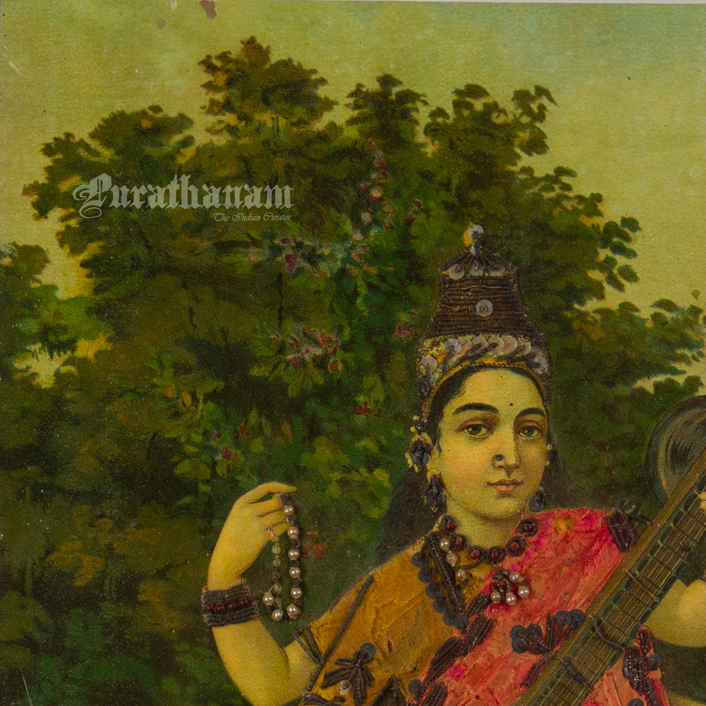Saraswati by Ravi Varma - Oleograph Print - Enbellished