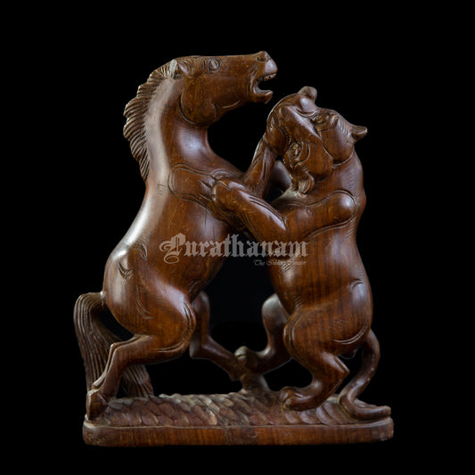 Horse Lion fight Wooden Sculpture- Rose wood (made of single block)