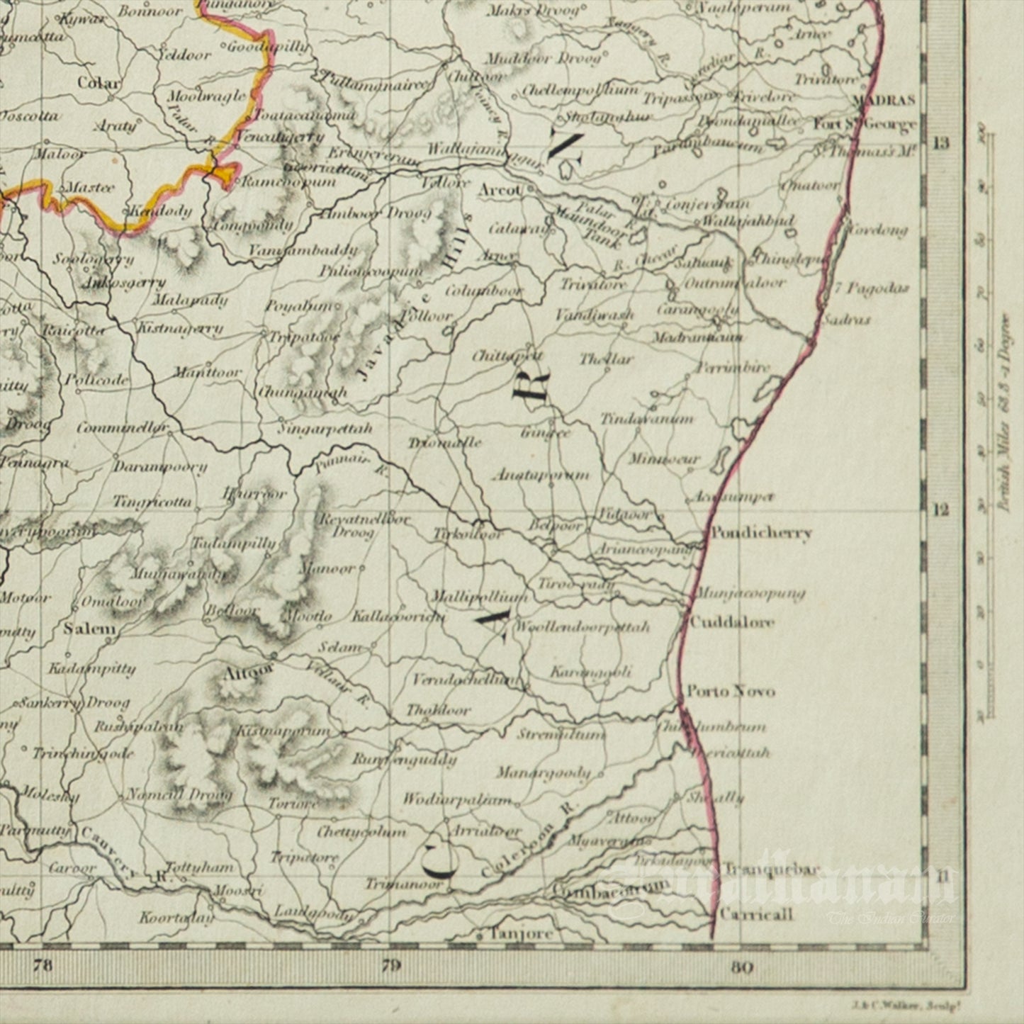 Madras Presidency Map - Black & White Steel Engraving