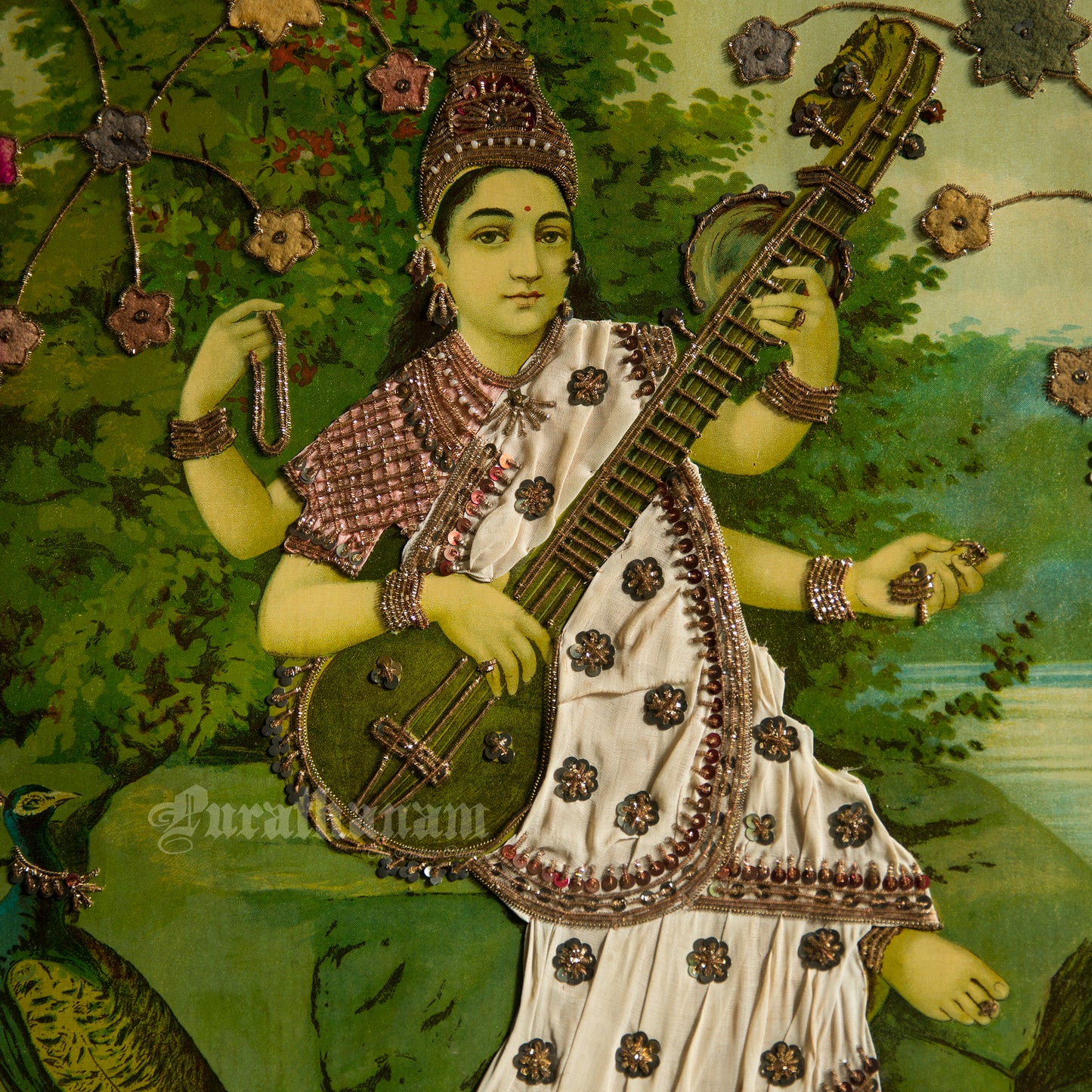 Saraswati by Ravi Varma - Embellished