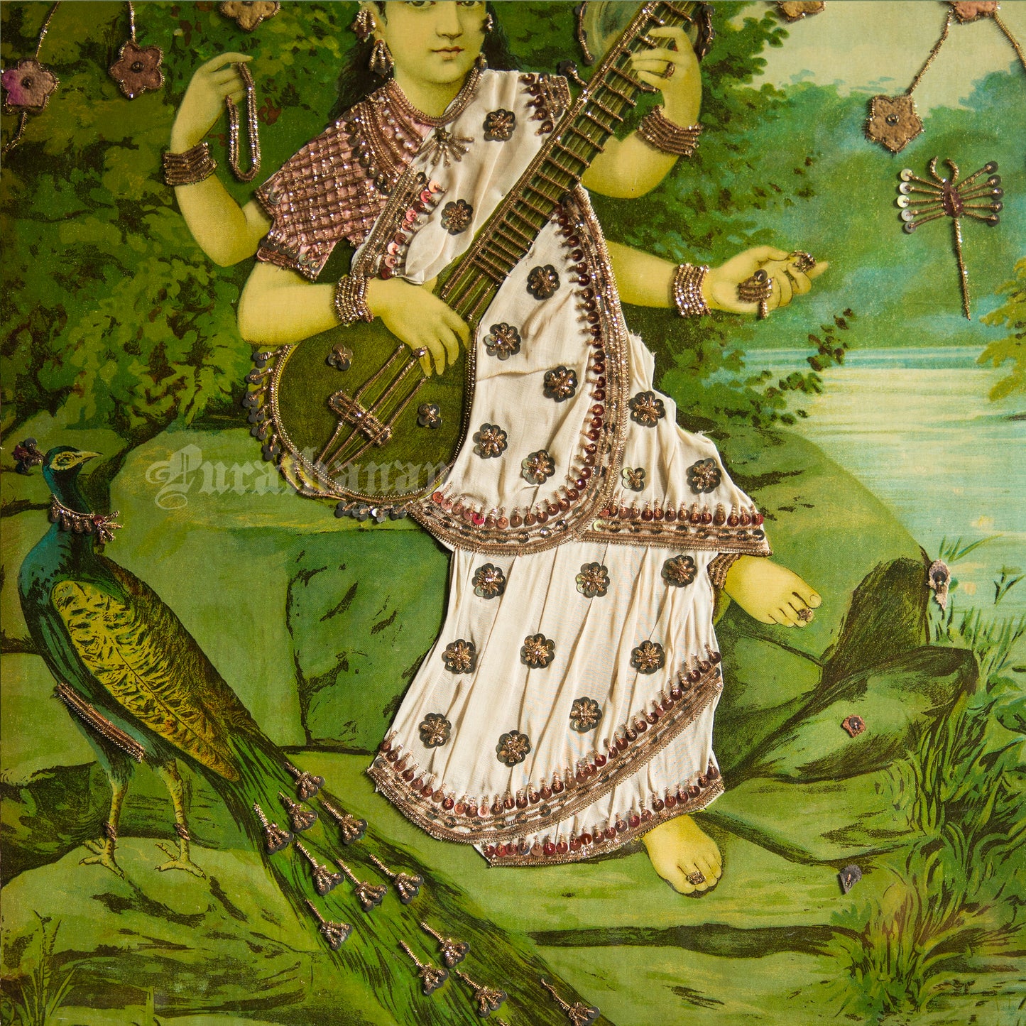 Saraswati by Ravi Varma - Embellished