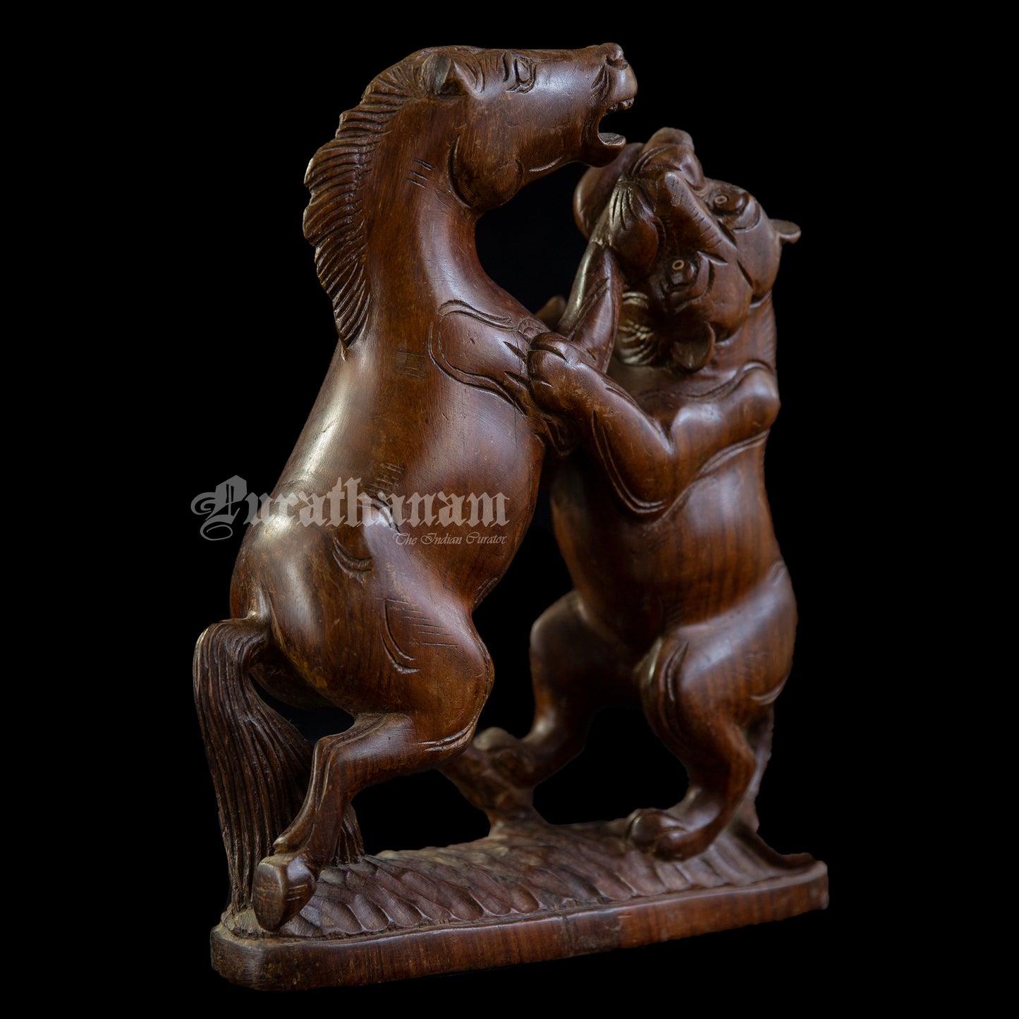 Horse Lion fight Wooden Sculpture- Rose wood (made of single block)
