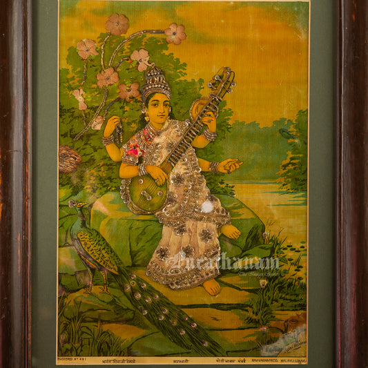 Saraswati  by Ravi Varma - Oleograph Print (Embellished)