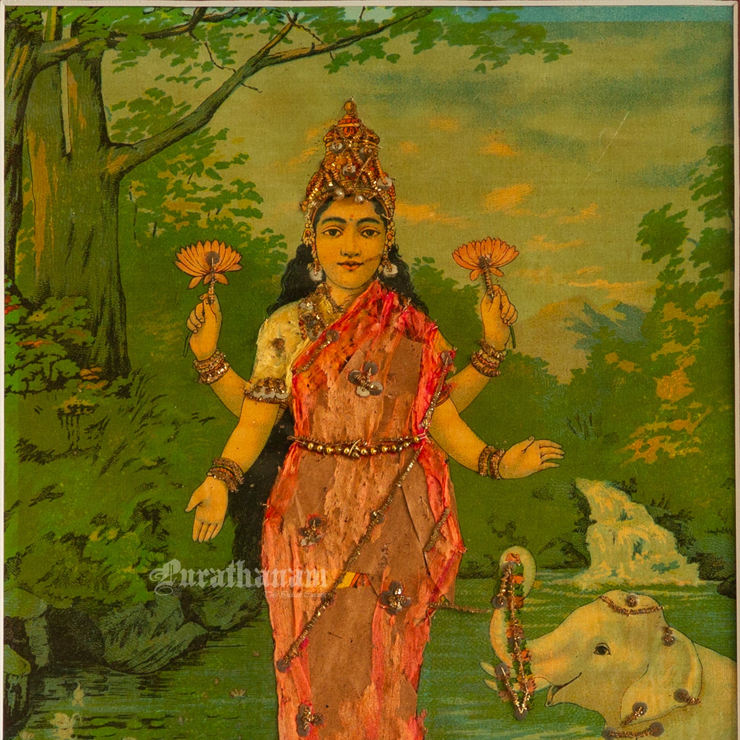 Lakshmi by Ravi Varma - Oleograph Print - Embellished