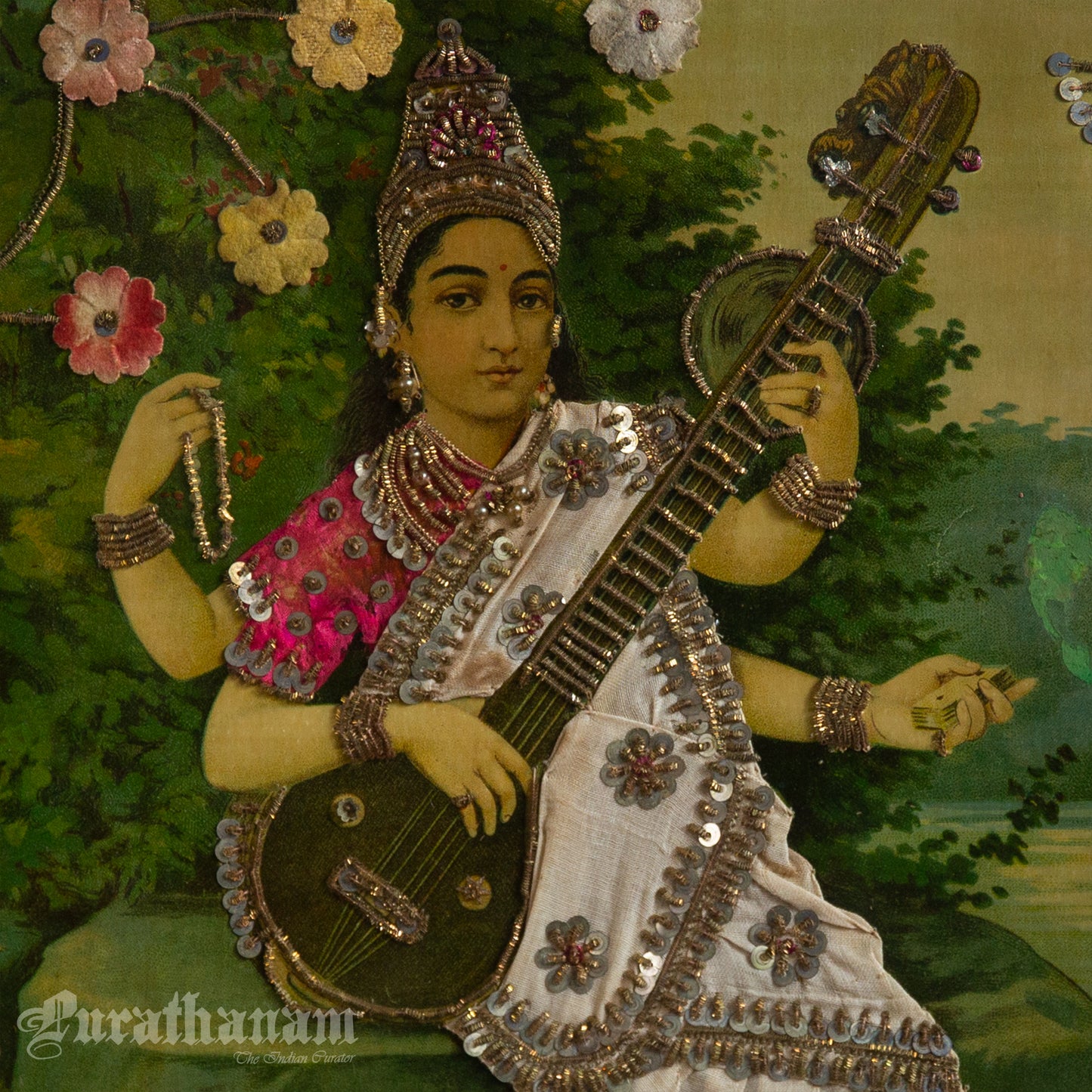 Saraswati by Ravi Varma - Oleograph Print  - Embellished