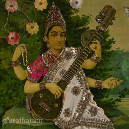 Saraswati by Ravi Varma - Oleograph Print  - Embellished