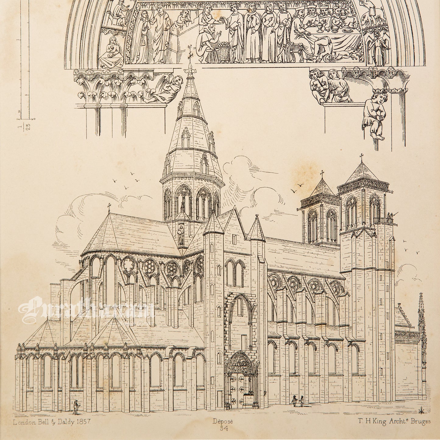 Medieval Architecture & Art-Semur-Plate 5 (North transept door way) -Steel Engraving