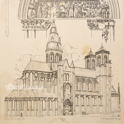 Medieval Architecture & Art-Semur-Plate 5 (North transept door way) -Steel Engraving