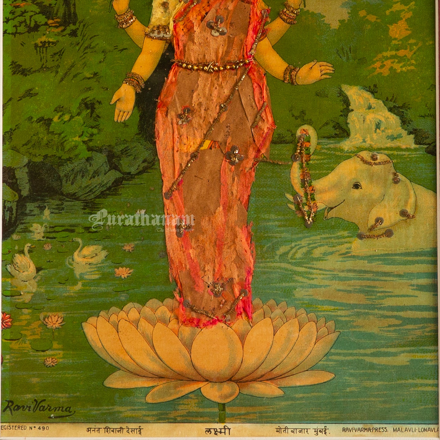 Lakshmi by Ravi Varma - Oleograph Print - Embellished