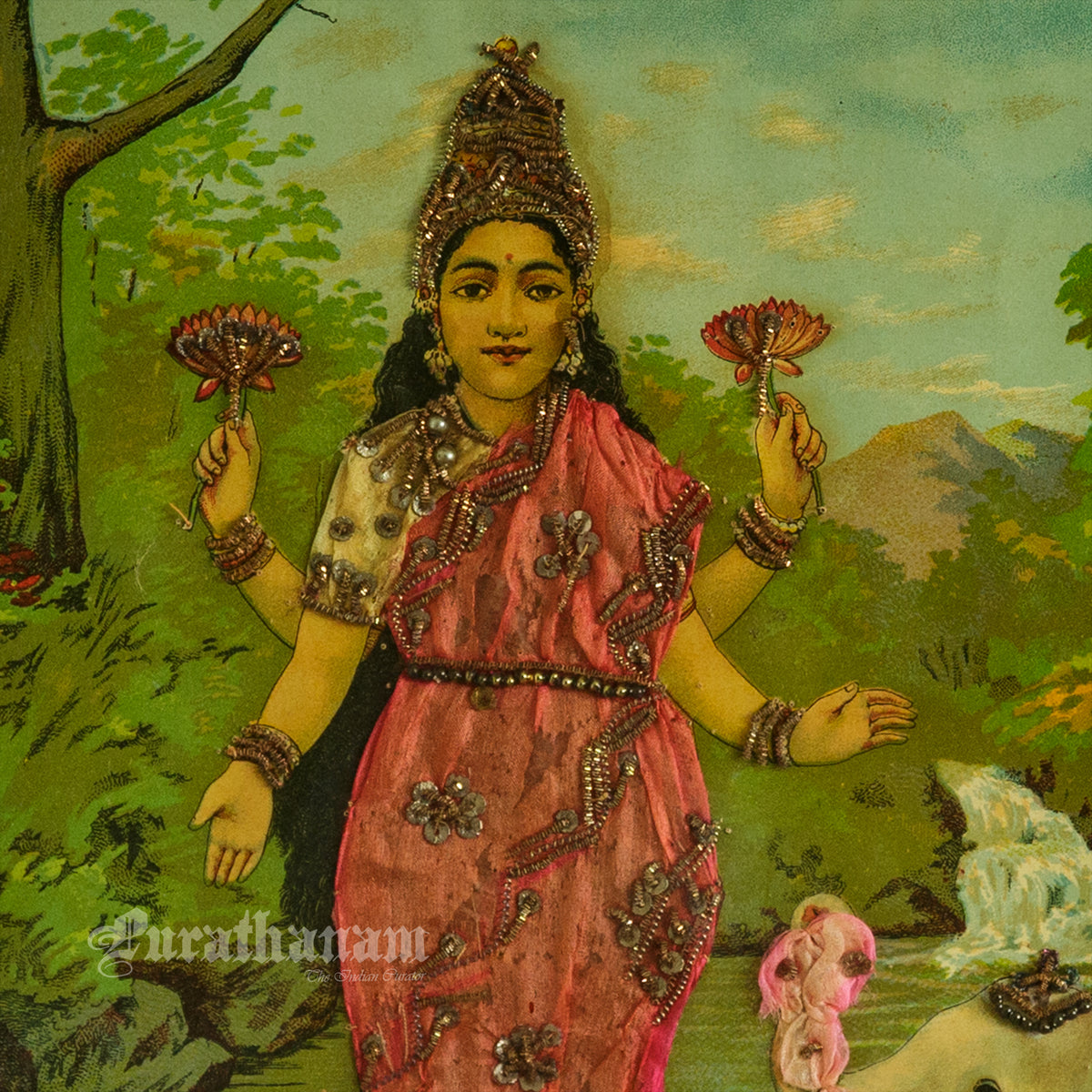 Lakshmi by Ravi Varma -  Oleograph Print Embellished