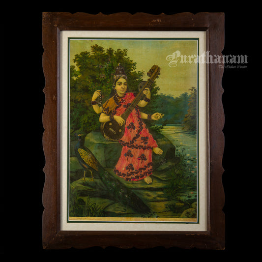 Saraswati by Ravi Varma - Oleograph Print  - Enbellished