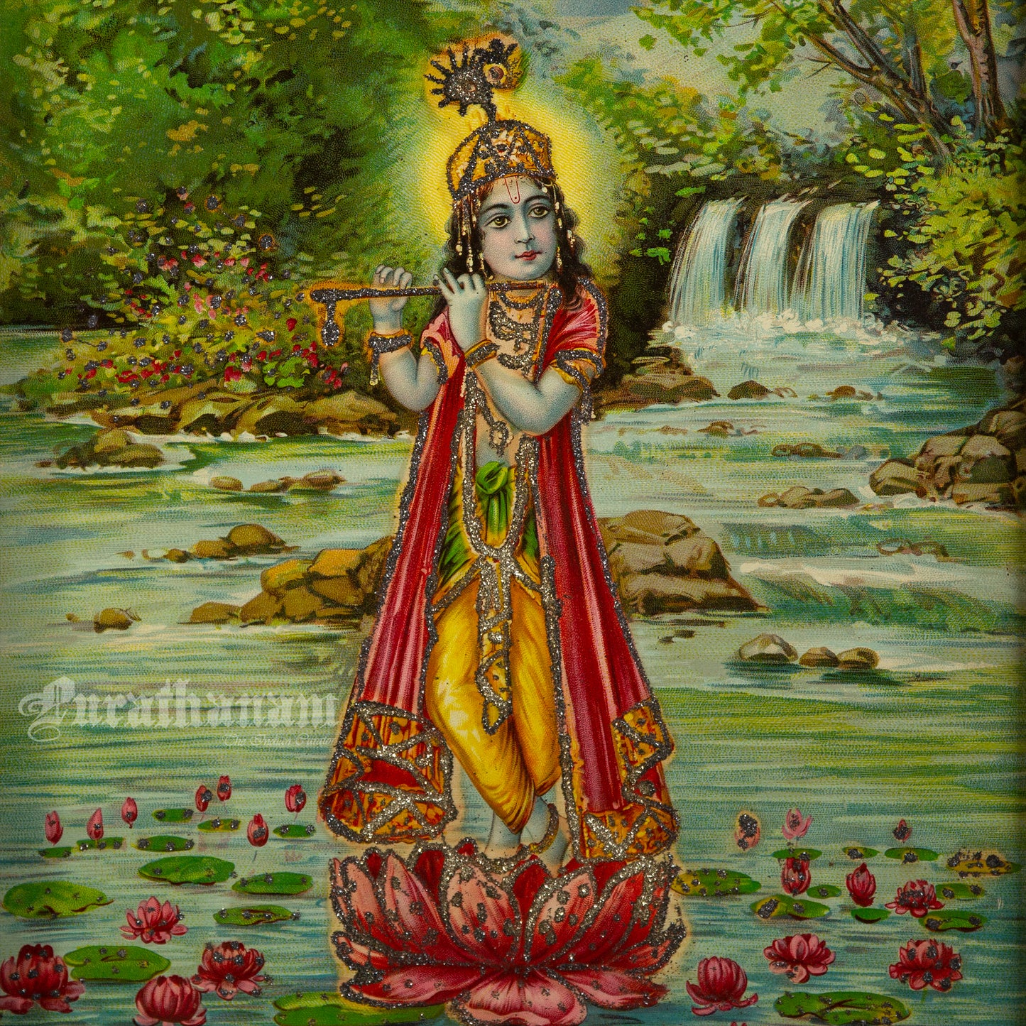 Krishna with Flute - Embellished  (Oleograph Print)