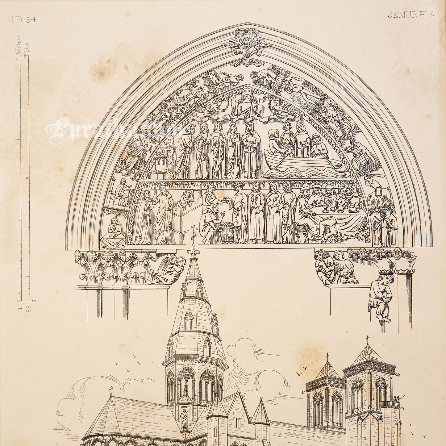 Medieval Architecture & Art-Semur-Plate 5 (North transept door way) -Steel Engraving