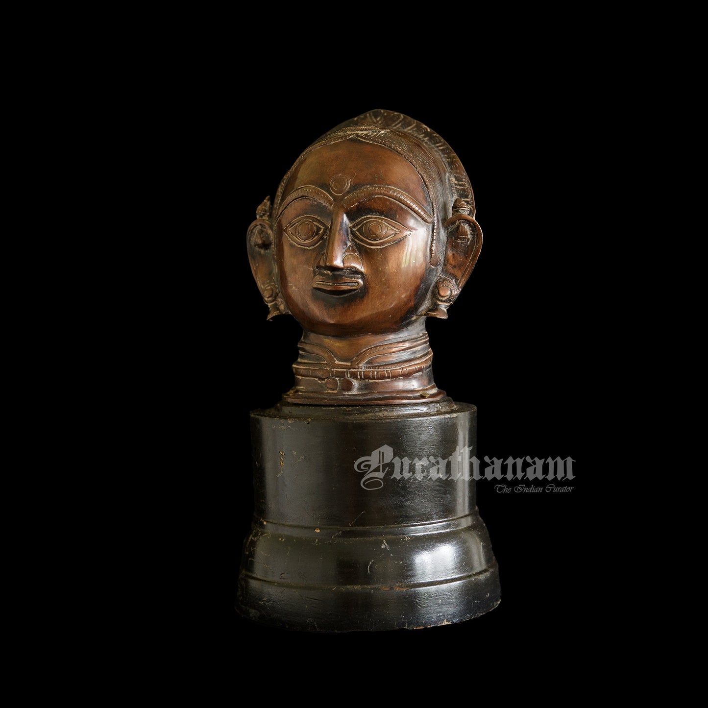 Gauri Head with Wooden Pedestal - Brass