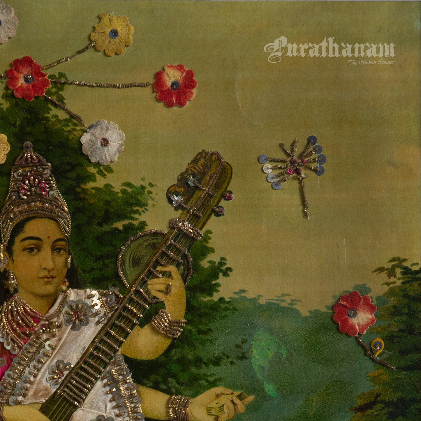Saraswati by Ravi Varma - Oleograph Print  - Embellished