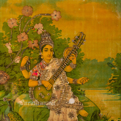 Saraswati  by Ravi Varma - Oleograph Print (Embellished)