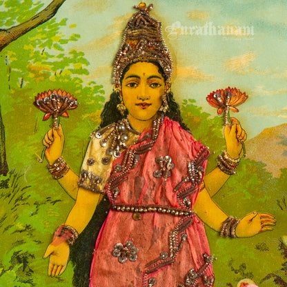 Lakshmi - Oleograph Print (Ravi Varma) - Enbellished