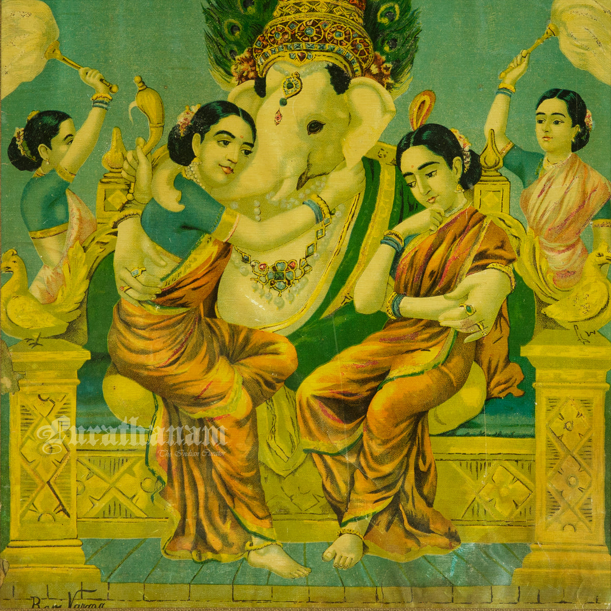 Riddhi Siddhi Ganapati  by Ravi Varma - Oleograph Print