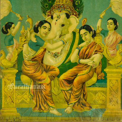 Riddhi Siddhi Ganapati  by Ravi Varma - Oleograph Print