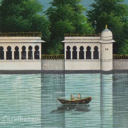Radha Krishna  - Nauka Vihar (Boat ride) watercolor Painting by Khubiram Gopilal