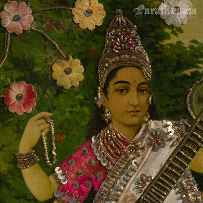 Saraswati by Ravi Varma - Oleograph Print  - Embellished