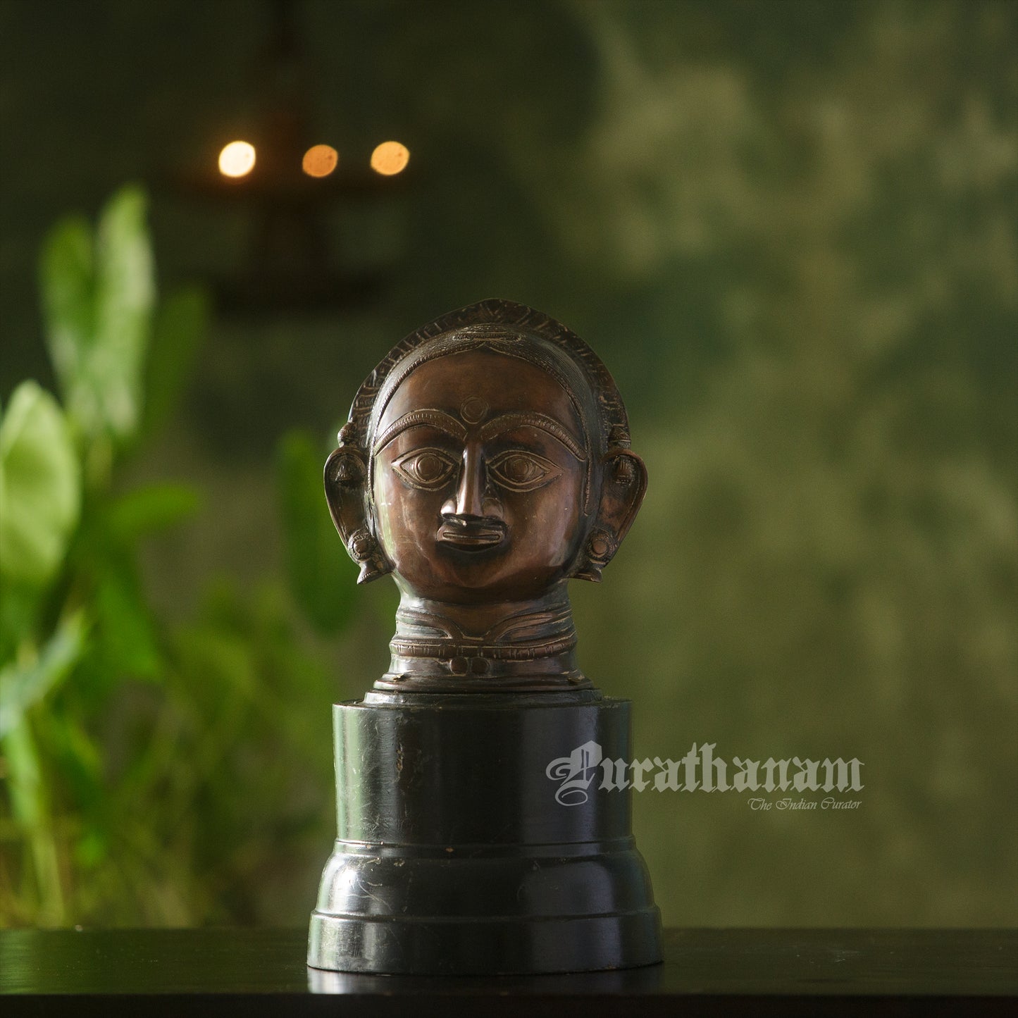 Gauri Head with Wooden Pedestal - Brass