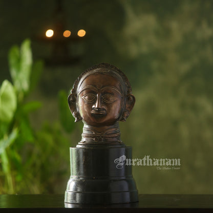 Gauri Head with Wooden Pedestal - Brass