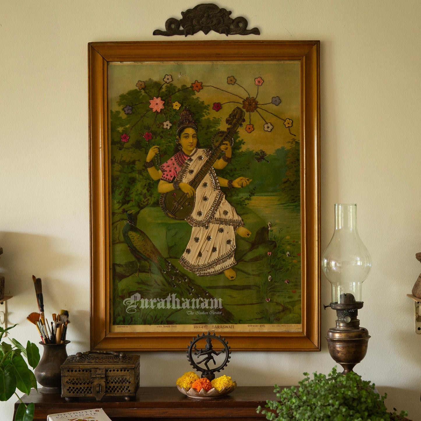 Saraswati by Ravi Varma - Oleograph Print - Embellished